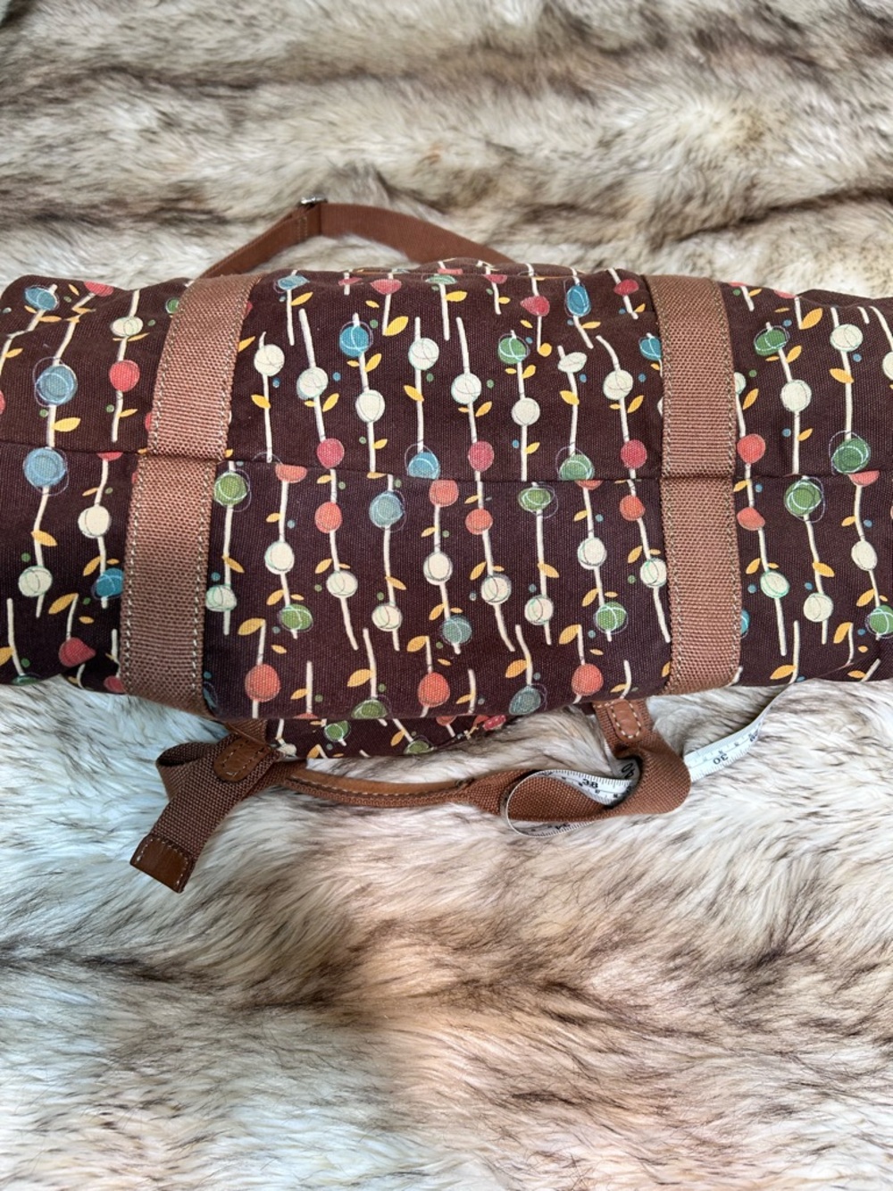 Fossil Brown Canvas Tote with Colorful Dot Stem Print and Green Lined Interior - Picture 6 of 9